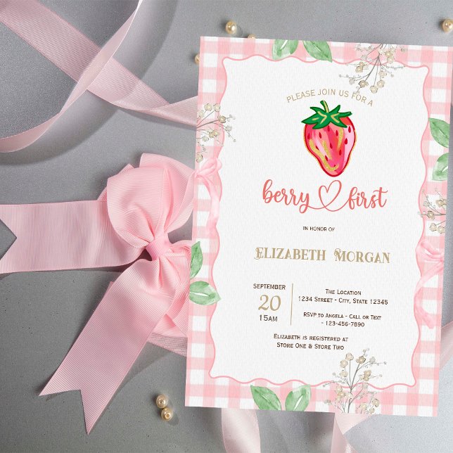 Glitter Strawberry Frame Plaid Baby Shower  Invitation (Creator Uploaded)