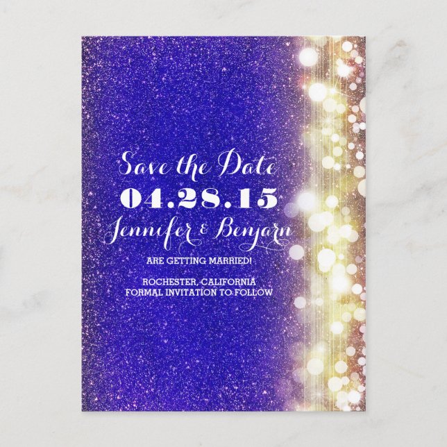 glitter string lights gold and blue save the date announcement postcard (Front)