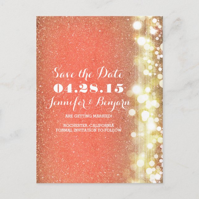 glitter string lights gold and peach save the date announcement postcard (Front)