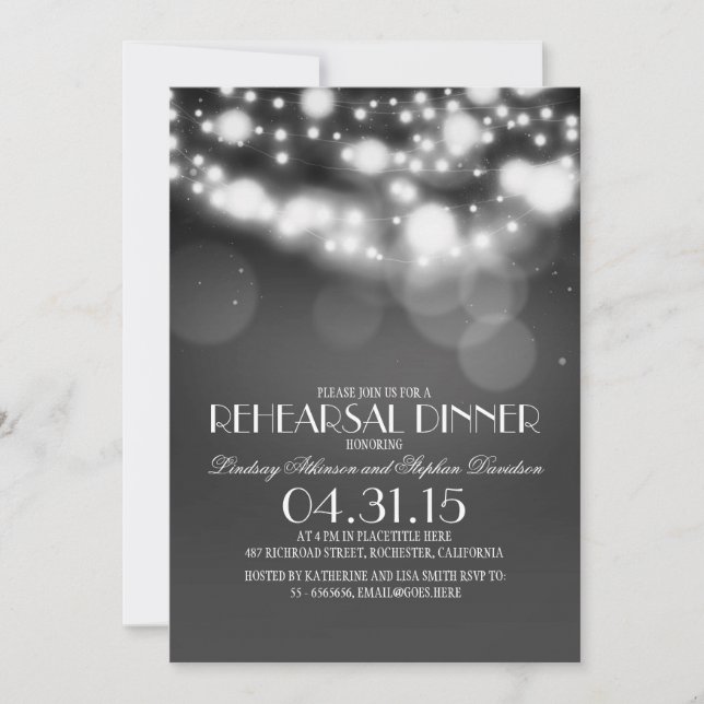 glitter string lights vintage rehearsal dinner invitation (Front)
