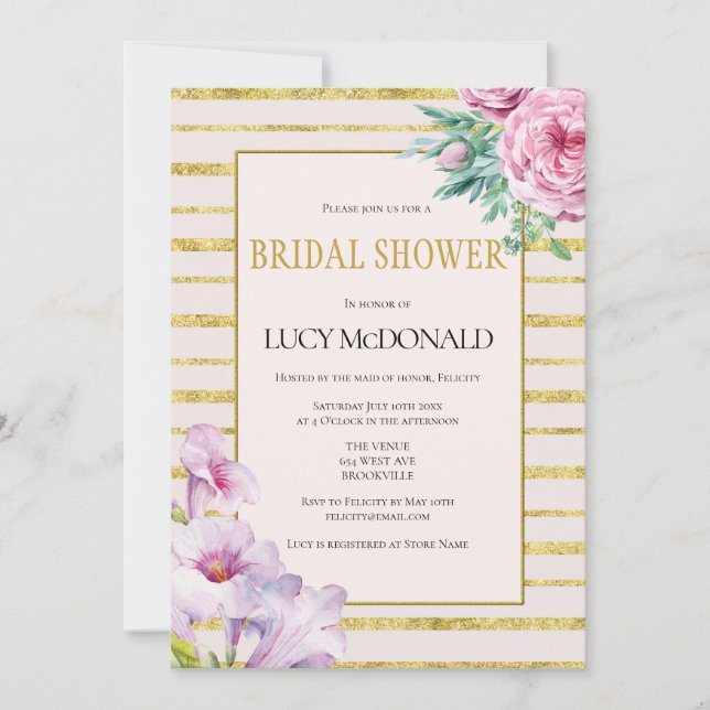 Glitter Stripes & Floral Bridal Shower Invitation (Front)