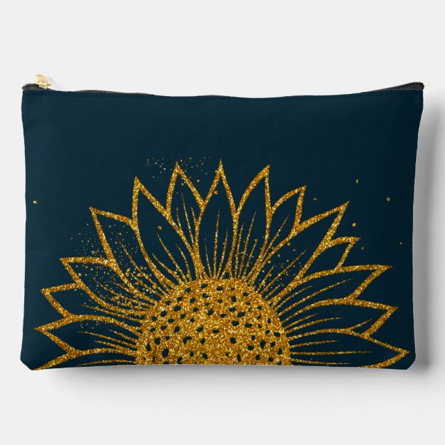 Glitter Sunflower Mother's Day Navy Monogrammed  Accessory Pouch (Front)