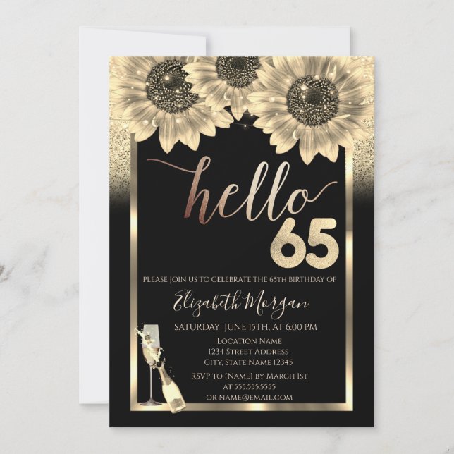 Glitter,Sunflowers,Glass Black 65th Birthday Party Invitation (Front)