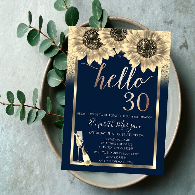 Glitter,Sunflowers,Glass Hello 30th Birthday Party Invitation (Creator Uploaded)