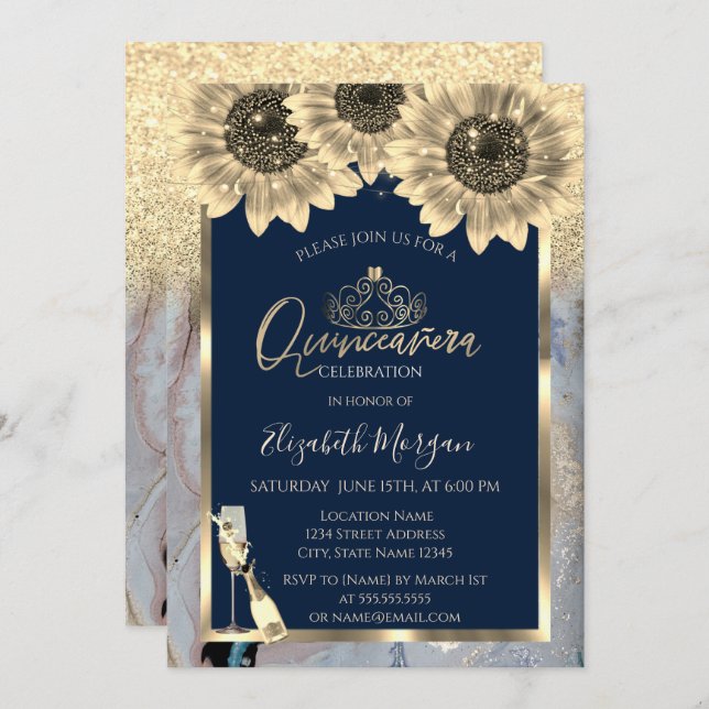 Glitter,Sunflowers,GlassTiara Marble Quinceanera Invitation (Front/Back)