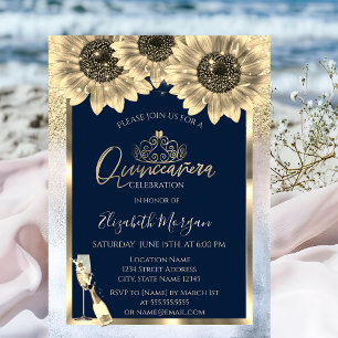 Glitter,Sunflowers, Tiara Mettalic  Quinceanera Invitation