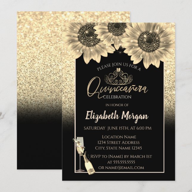 Glitter, Sunflowers,Wine Glass Tiara Quinceanera Invitation (Front/Back)
