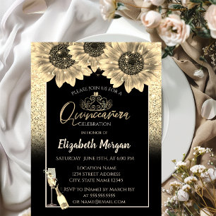 Glitter, Sunflowers,Wine Glass Tiara Quinceanera Invitation