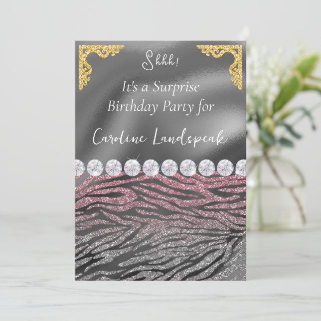 Glitter Surprise Birthday Pink Silver Zebra Print Invitation (Standing Front)