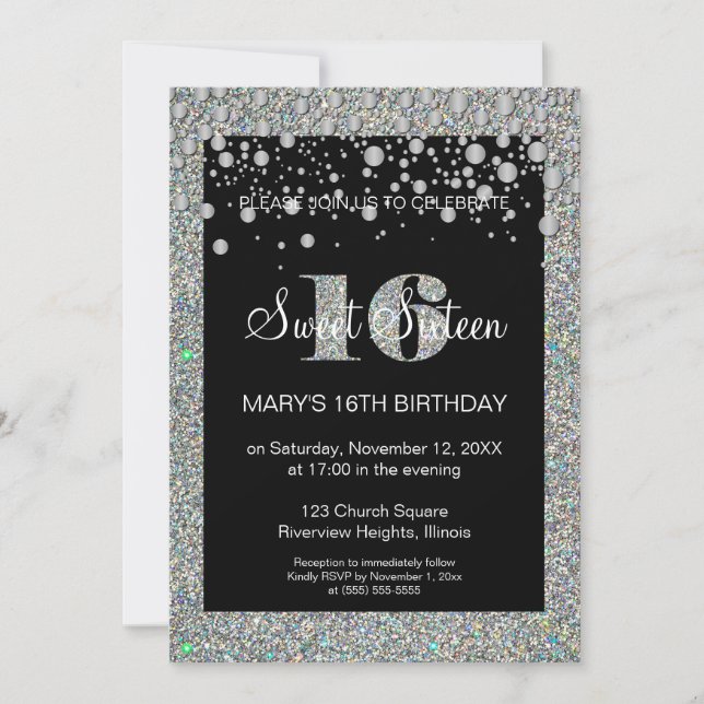 Glitter Sweet 16 Birthday Invitation (Front)