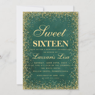 Glitter Sweet 16 Green Watercolor Birthday  Invitation
