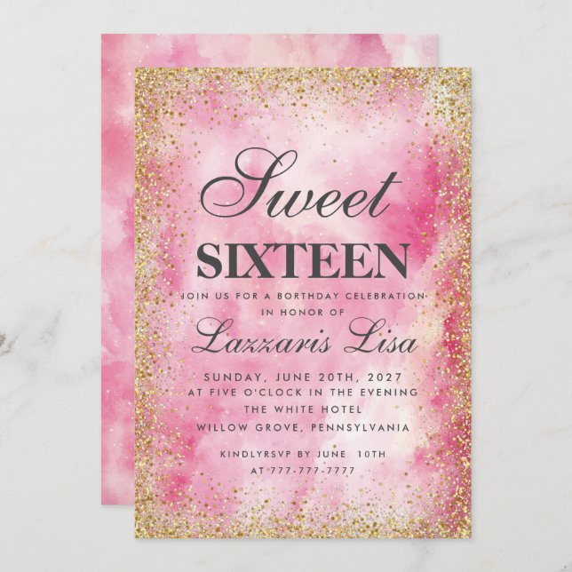 Glitter Sweet 16 Pink watercolor Birthday Invitation (Front/Back)