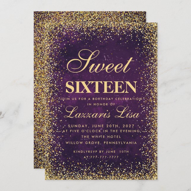 Glitter Sweet 16 Purple Watercolor Birthday Invitation (Front/Back)