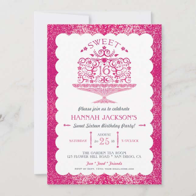 Glitter Sweet Sixteen Lacy Birthday Cake Party Invitation (Front)