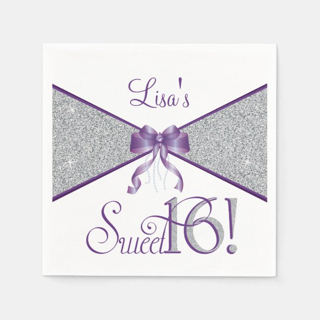 Glitter, Sweet Sixteen, Purple Napkins (Front)