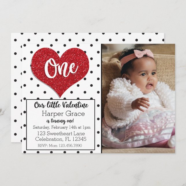 Glitter Sweetheart Valentines Photo First Birthday Invitation (Front/Back)