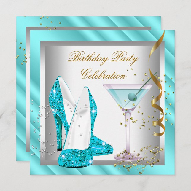 Glitter Teal Blue High Heel Shoes Gold Birthday Invitation (Front/Back)