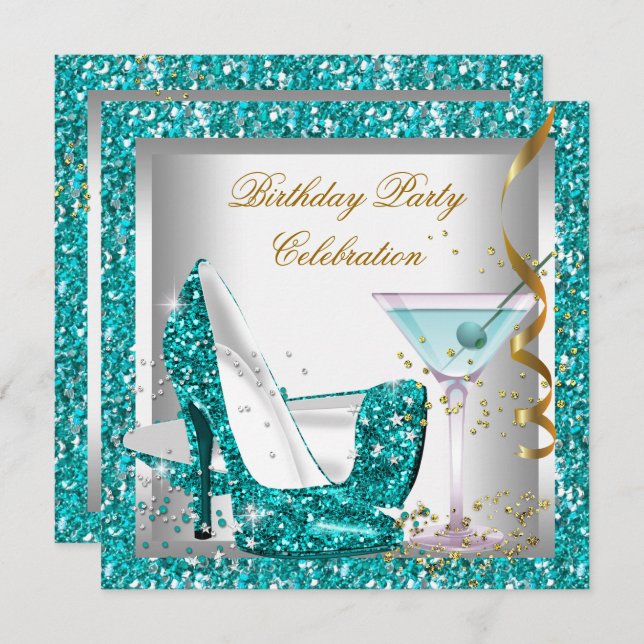 Glitter Teal Blue High Heel Shoes Gold Martini Invitation (Front/Back)