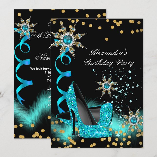 Glitter Teal Blue High Heels Black Birthday Party Invitation (Front/Back)