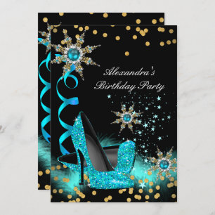 Glitter Teal Blue High Heels Black Birthday Party Invitation