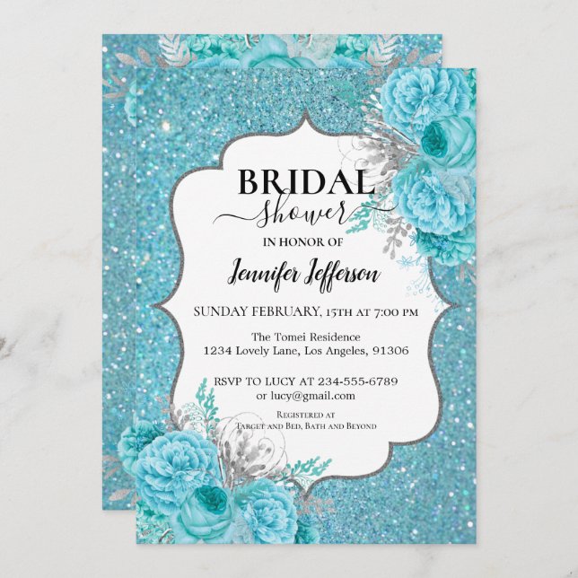 Glitter Teal Floral Bridal Shower Invitation (Front/Back)