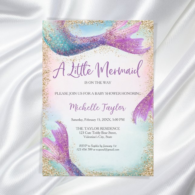 Glitter Teal Little Mermaid Summer Girl Baby Invitation (little mermaid teal glitter)