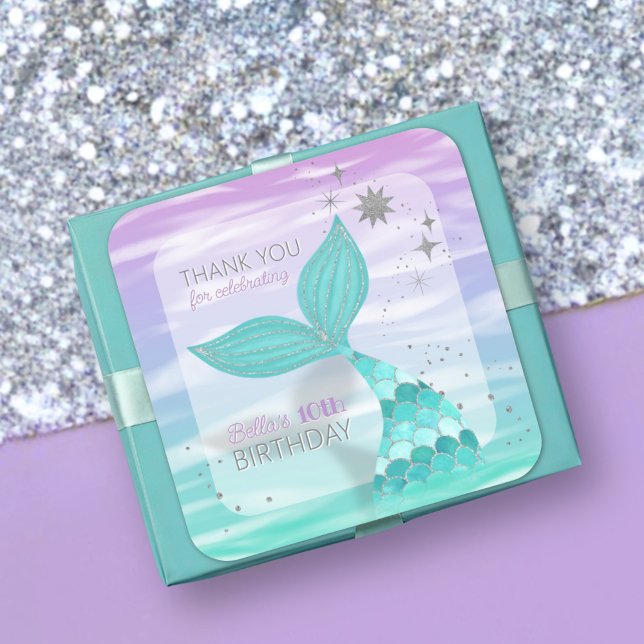 Glitter Teal Mermaid Birthday Thank You Favour Square Sticker (Creator Uploaded)