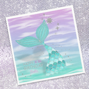 Glitter Teal Mermaid Happy Birthday Name & Any Age Napkin