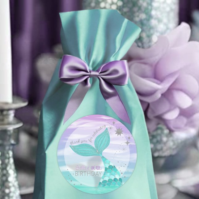 Glitter Teal Mermaid Tail Birthday Thank You Favou Classic Round Sticker (Creator Uploaded)