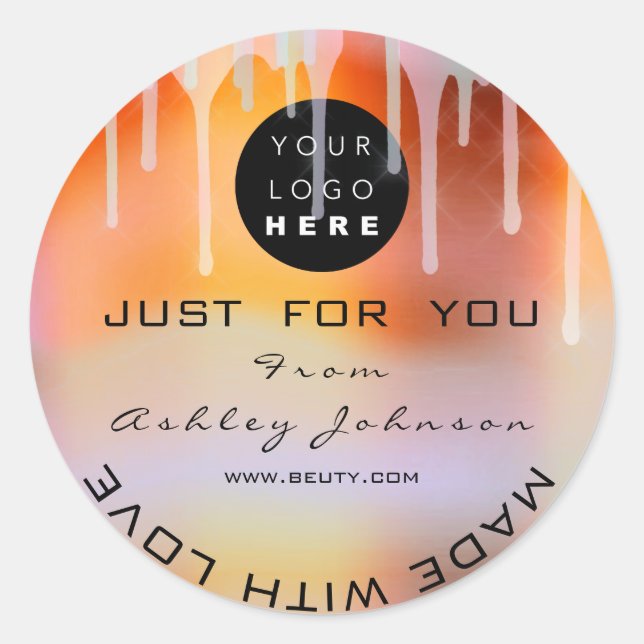 Glitter Thank Logo Holograph Metal Drips Coral Classic Round Sticker (Front)