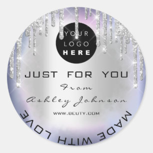 Glitter Thank Logo Made With Love Silver Blue Classic Round Sticker