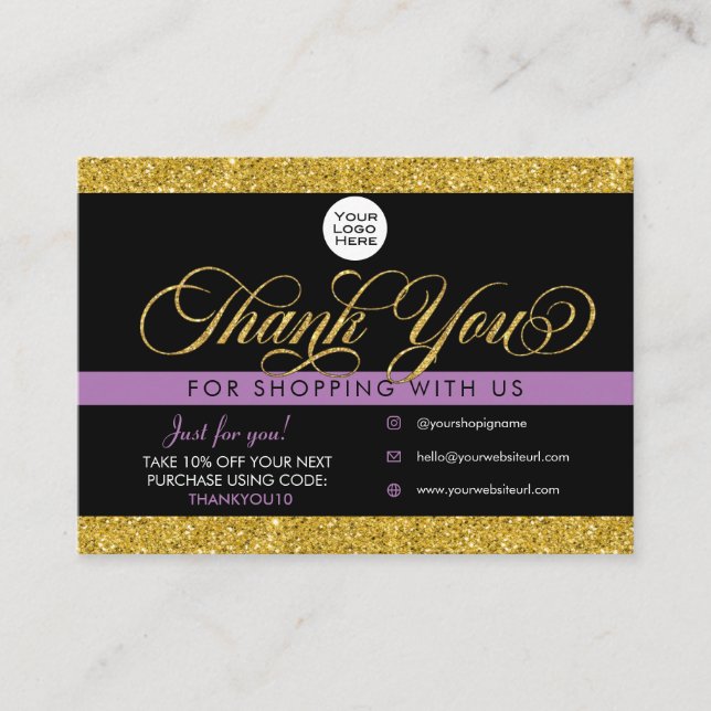 Glitter Thank You Customer Package Insert Card (Front)