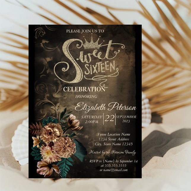 Glitter Tiara Brown Roses Gothic Sweet 16 Invitation (Creator Uploaded)