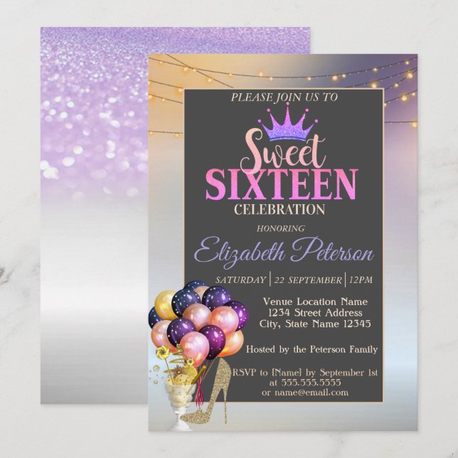 Glitter Tiara,Coctail,Ballons Sweet 16 Party Invitation (Front/Back)
