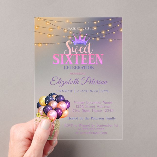 Glitter Tiara,Coctail, Silver Sweet 16 Party Acrylic Invitations (Insitu (Handheld))