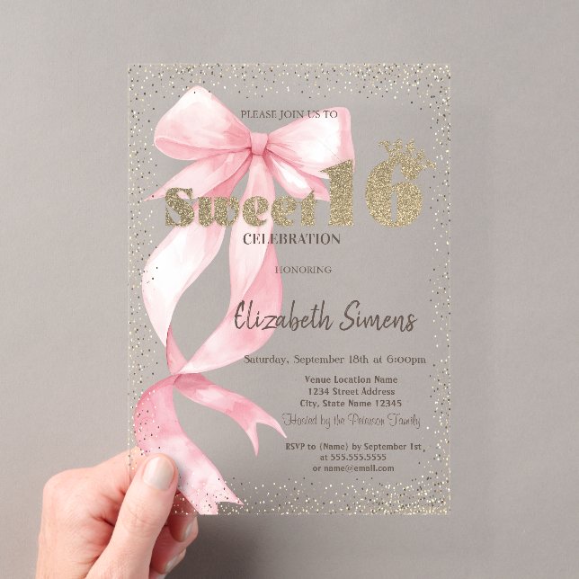 Glitter Tiara,Confetti,Pink Bow Sweet 16 Acrylic Invitations (Insitu (Handheld))
