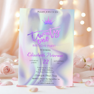 Glitter Tiara Holographic 21st Birthday Party Invitation