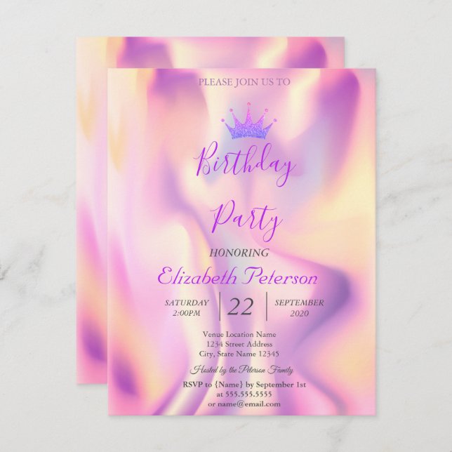 Glitter Tiara Holographic Birthday  Invitation (Front/Back)