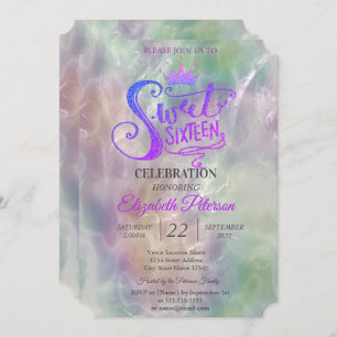 Glitter Tiara Holographic Pearl Sweet 16 Party Invitation