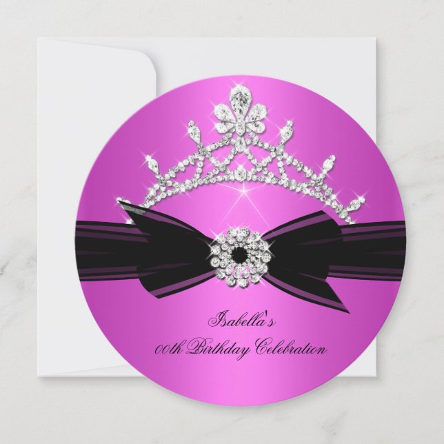 Glitter Tiara Hot Pink Diamond Bow Birthday 2 Invitation (Front)