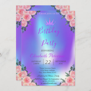 Glitter Tiara Roses Ombre Holographic Birthday Invitation