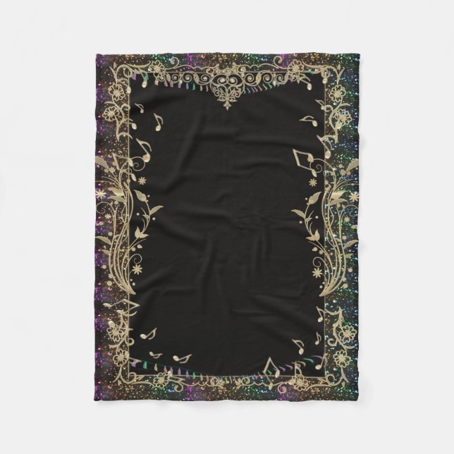 Glitter Trimmed Gold Music Notes Design Blanket (Front)