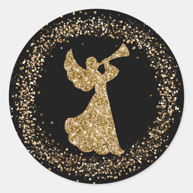 Glitter Trumpeting Angel Christmas Corporate Party Classic Round Sticker (Front)