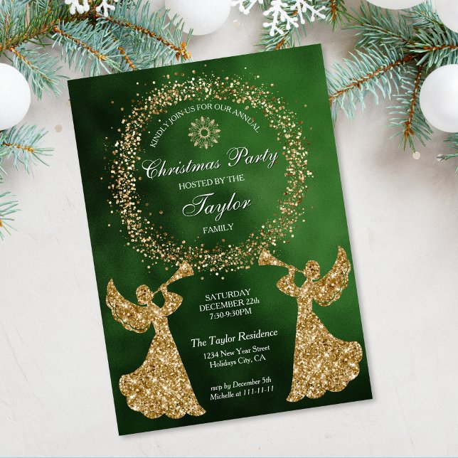Glitter Trumpeting Angel Christmas Corporate Party Invitation (christmas party invitation with two gold glitter angels with a trumpet on the green background)