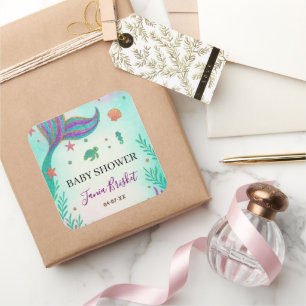 Glitter Turquoise Mermaid Baby Shower Square Sticker