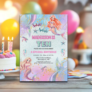 Glitter Under the Sea Mermaids 10th Birthday Party Invitation