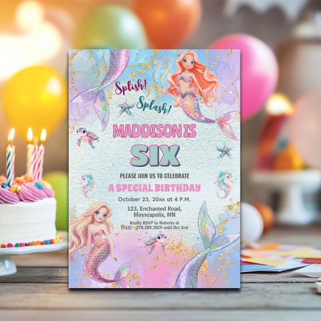 Glitter Under the Sea Mermaids 6th Birthday Party Invitation (Creator Uploaded)