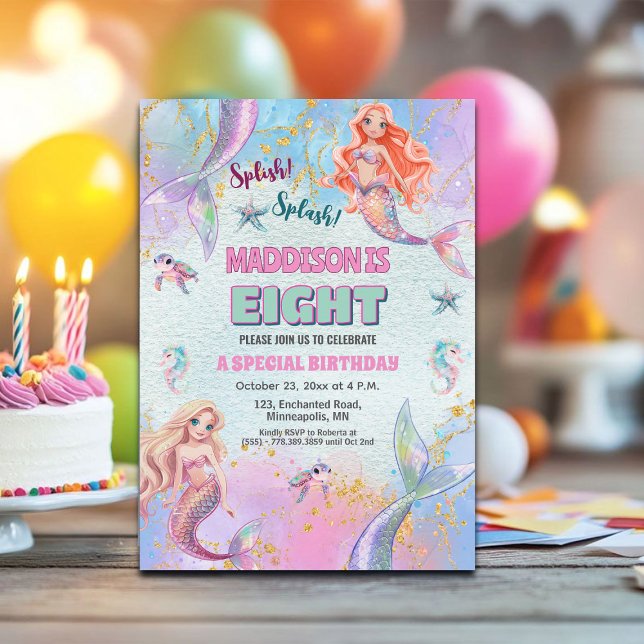 Glitter Under the Sea Mermaids 8th Birthday Party Invitation (Creator Uploaded)