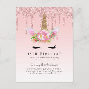 Glitter Unicorn 13th Birthday Pink Gold Girls Postcard
