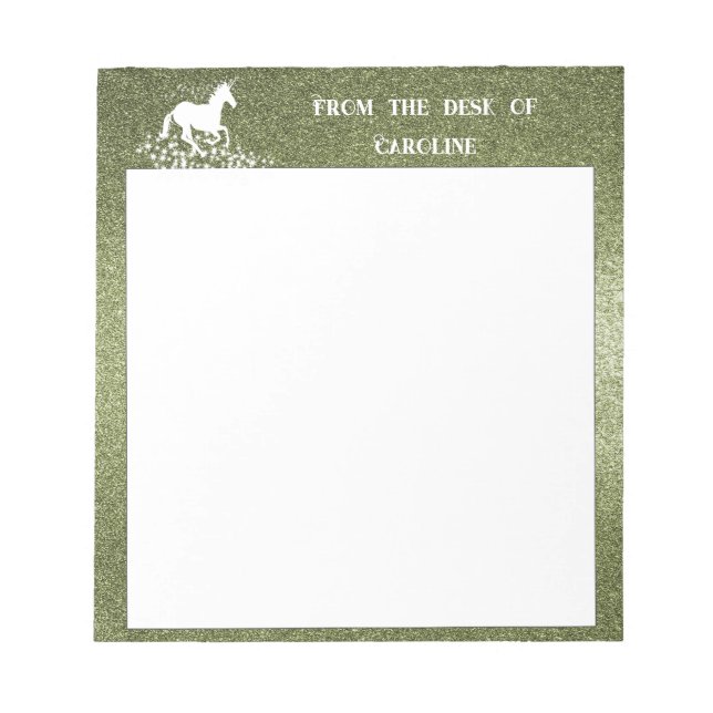 Glitter Unicorn and Stars | Green Notepad (Front)